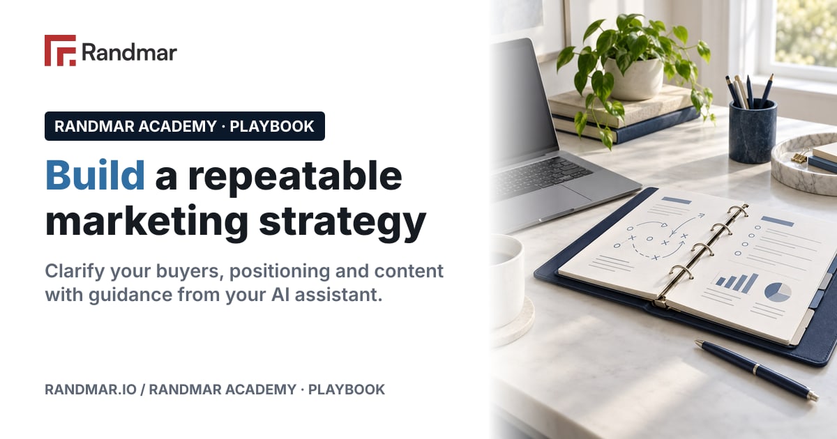 Build a repeatable marketing strategy; Conceptual illustration: an open playbook binder beside a laptop on a clean desk.