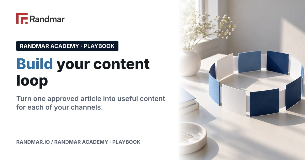 Build your content loop; Conceptual illustration: a circular loop of paper cards on a desk, blue and white.