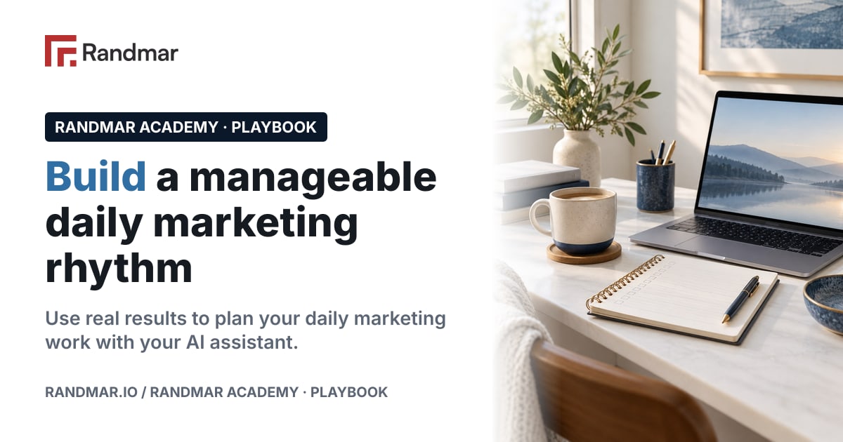 Build a manageable daily marketing rhythm; Conceptual illustration: a morning desk with coffee, a checklist notebook and an open laptop.