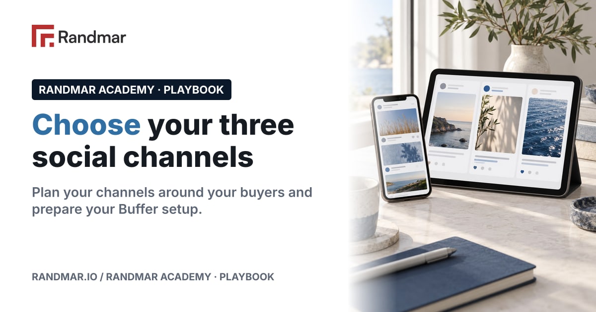 Choose your three social channels; Conceptual illustration: a phone and tablet showing three abstract social feeds.
