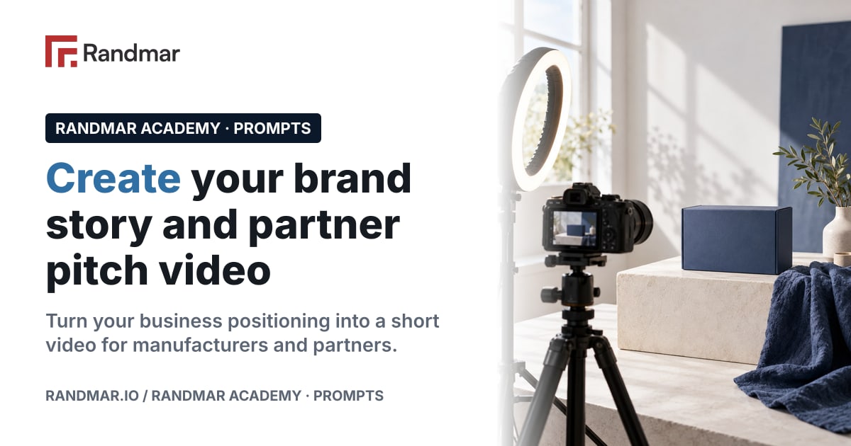 Create your brand story and partner pitch video; Conceptual illustration: a tripod camera and ring light facing a product box.