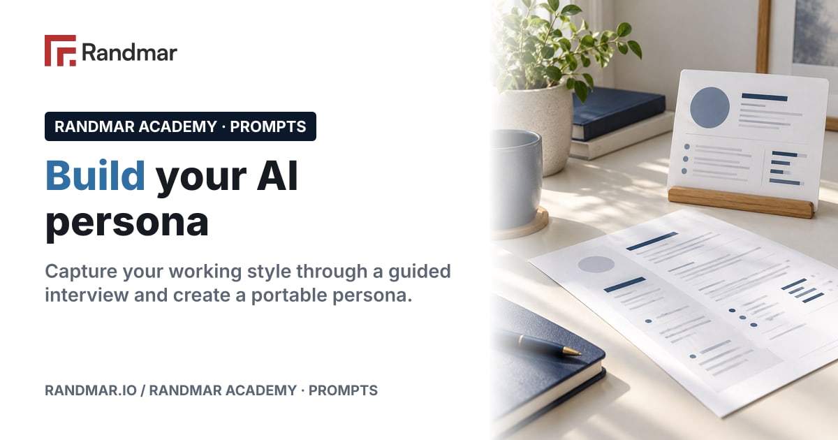 Build your AI persona; Conceptual illustration: a profile card and printed PDF on a desk, no faces.