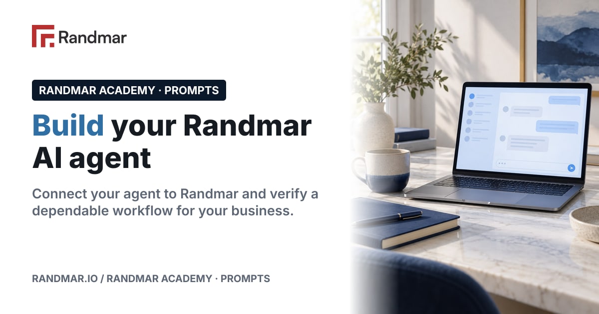 Build your Randmar AI agent; Conceptual illustration: a laptop showing a generic chat window with a soft blue glow.
