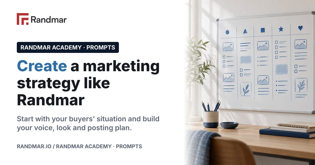 Create a marketing strategy like Randmar; Conceptual illustration: a whiteboard with a weekly content plan in blue marker.