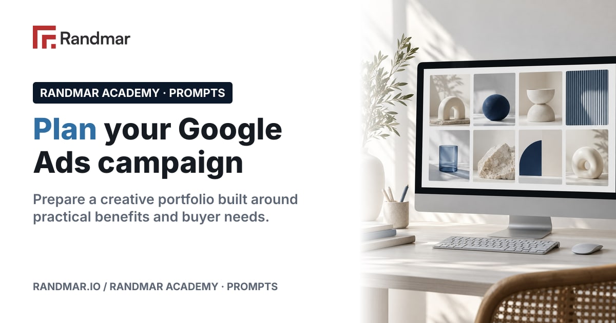 Plan your Google Ads campaign; Conceptual illustration: a grid of abstract product tiles on a monitor.
