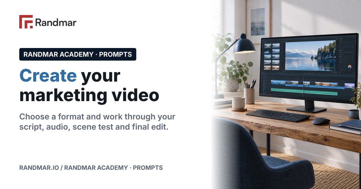 Create your marketing video; Conceptual illustration: a small video desk with a monitor showing an editing timeline.
