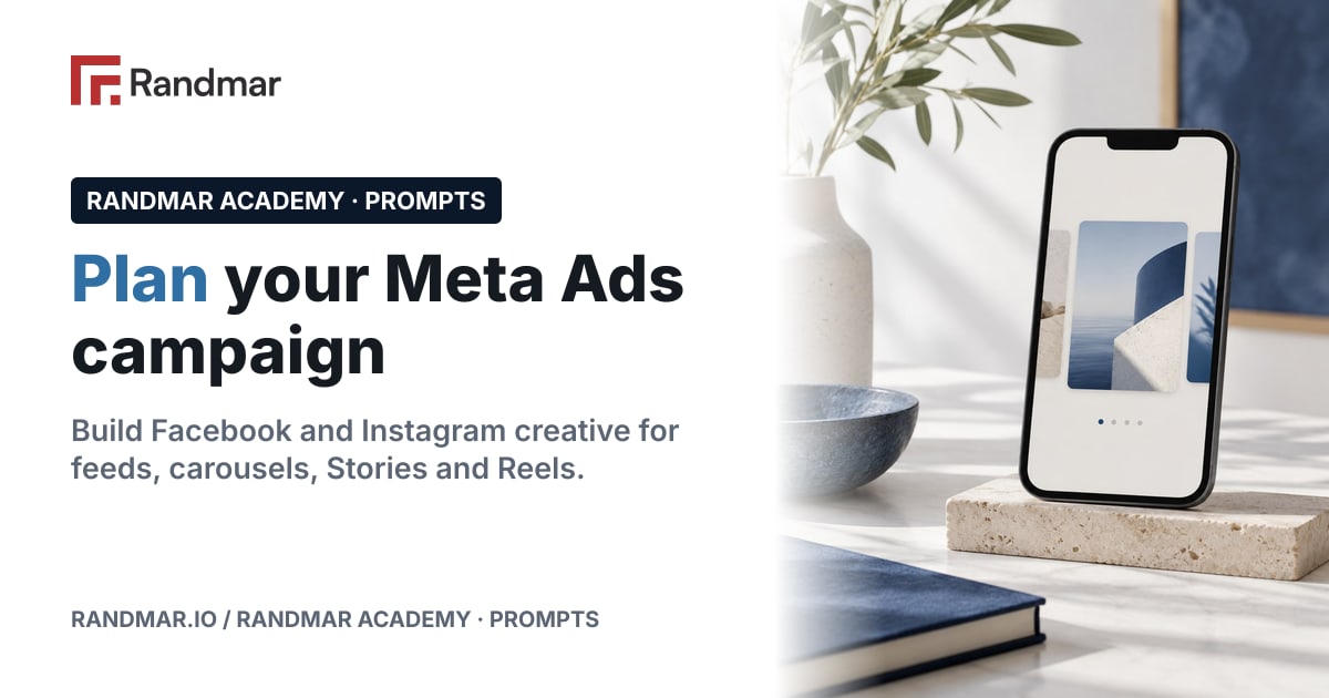 Plan your Meta Ads campaign; Conceptual illustration: a phone showing abstract carousel cards.