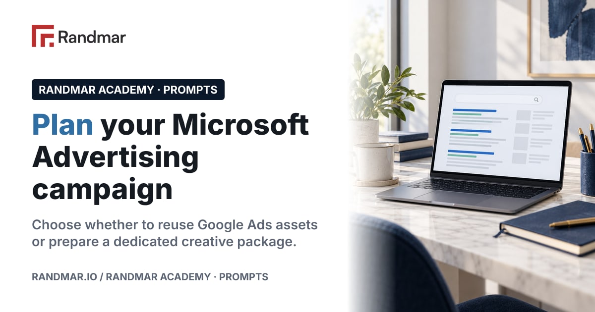 Plan your Microsoft Advertising campaign; Conceptual illustration: an office desk with a laptop showing abstract search results.