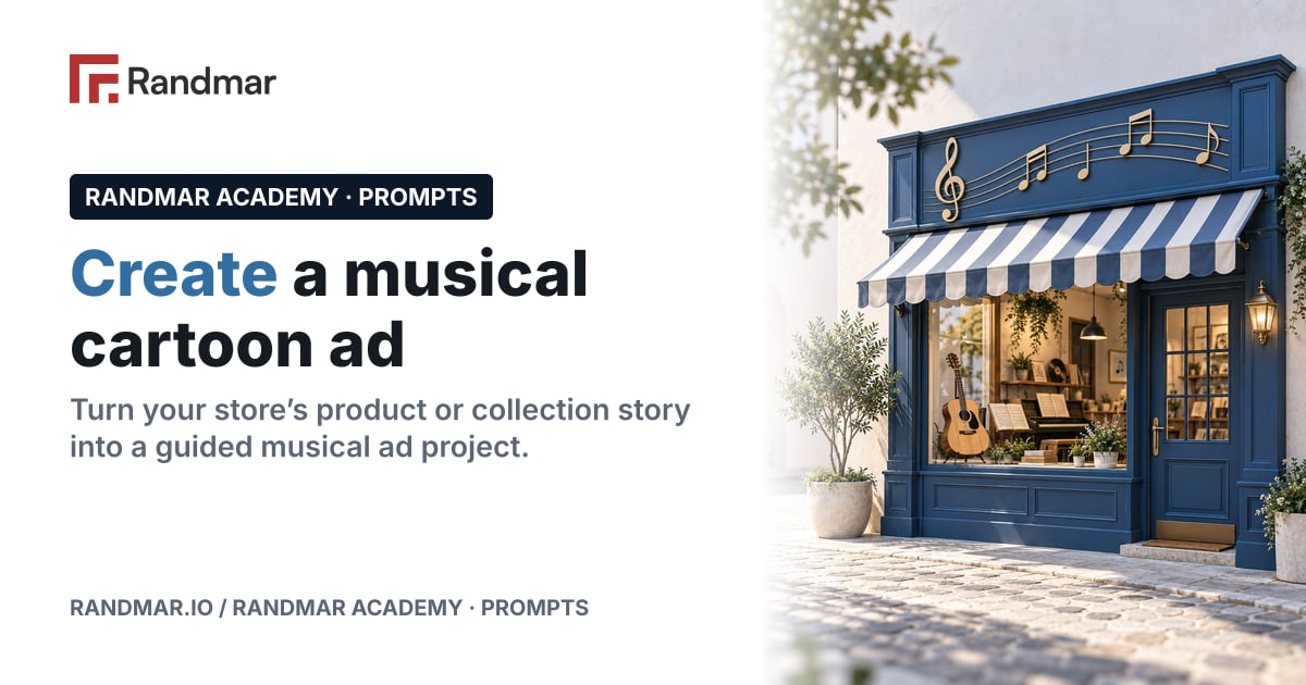 Create a musical cartoon ad; Conceptual illustration: an illustrated cartoon storefront with music notes, no people.