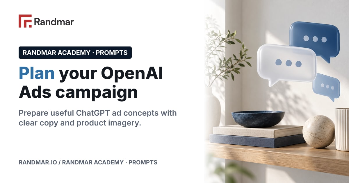 Plan your OpenAI Ads campaign; Conceptual illustration: abstract chat bubbles floating over a product shelf.
