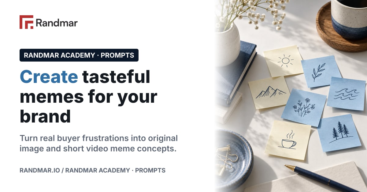 Create tasteful memes for your brand; Conceptual illustration: sticky notes with simple tasteful doodles on a desk.