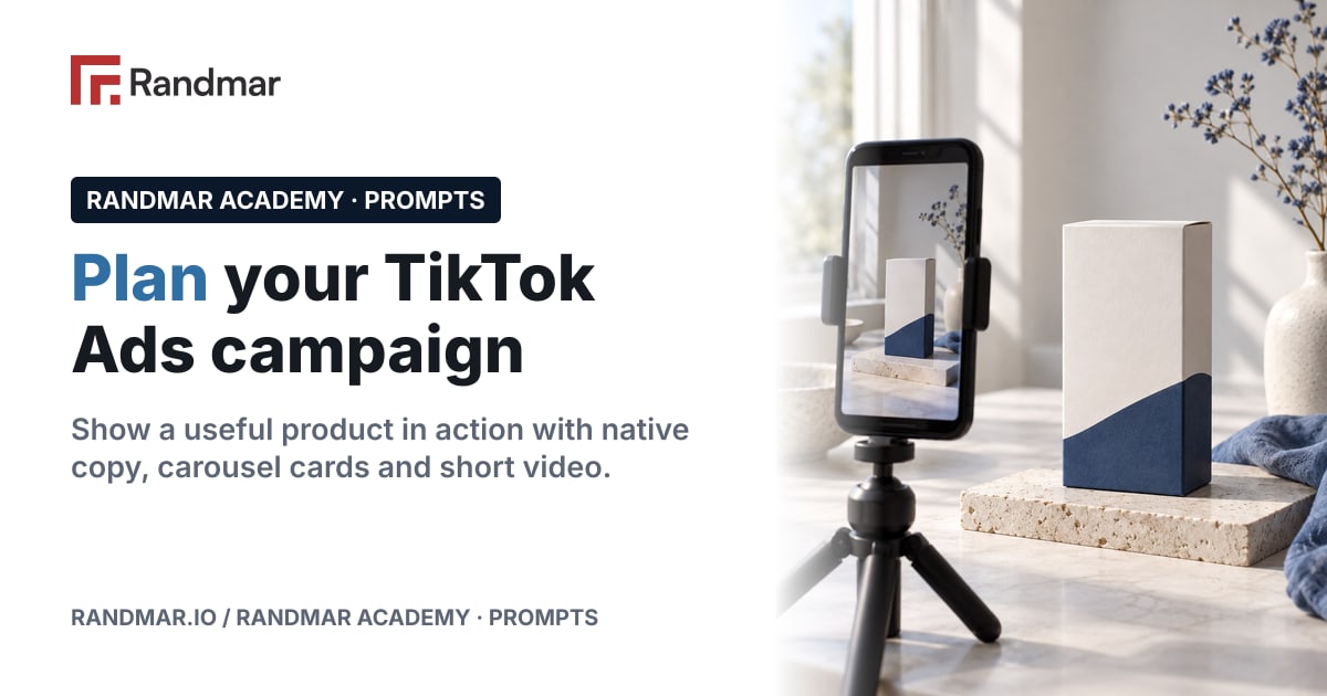 Plan your TikTok Ads campaign; Conceptual illustration: a phone on a tripod with a vertical frame and a product box.
