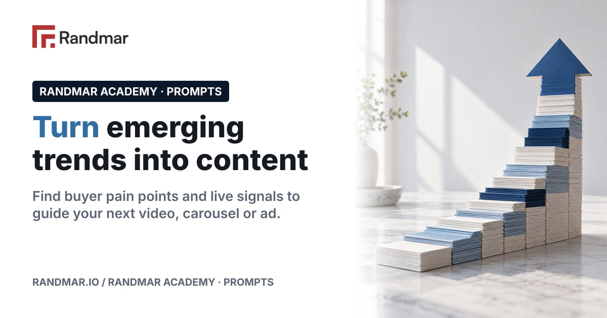 Turn emerging trends into content; Conceptual illustration: a rising stack of paper cards forming an upward arrow.
