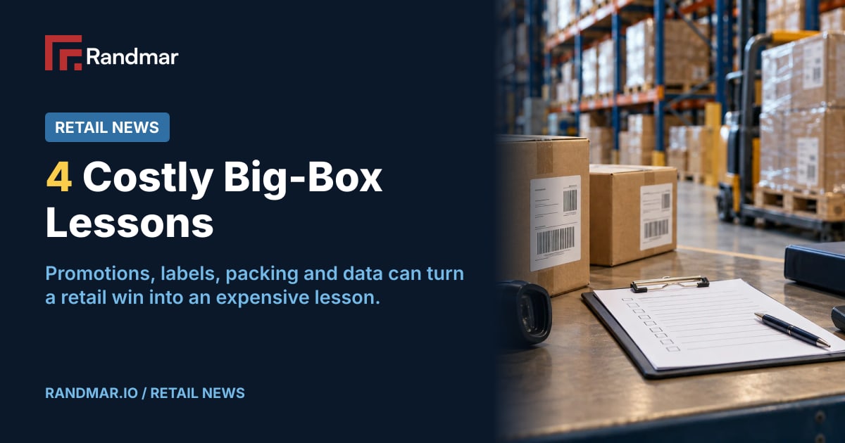 4 Costly Big-Box Lessons; Illustrative editorial photograph of shipping labels, a barcode scanner and routing checklist on a warehouse inspection table