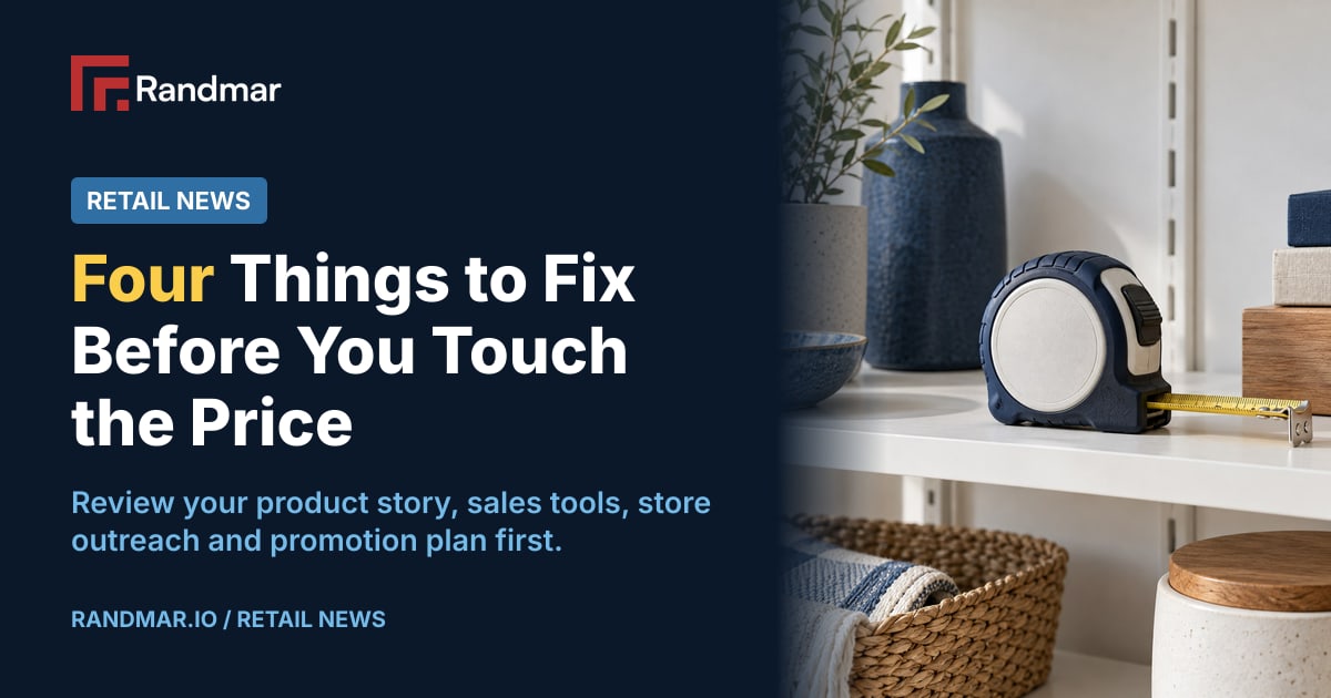 Four Things to Fix Before You Touch the Price; Conceptual illustration: a shop shelf with a measuring tape, no price tags.