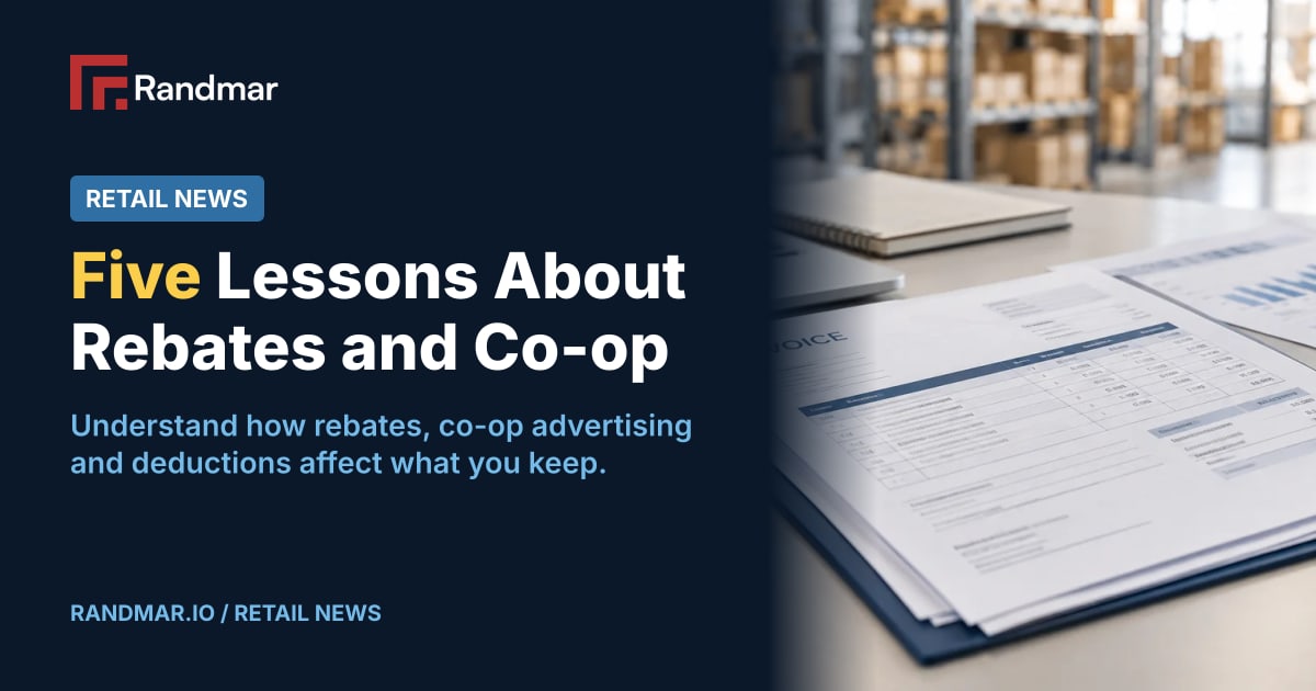 Retail News: Five Lessons About Rebates and Co-op; Conceptual editorial photograph of retail invoice reconciliation with financial documents, a calculator and a laptop in a distribution office.