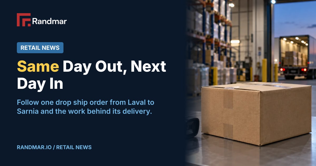 Retail News: Same Day Out, Next Day In; Conceptual editorial photograph of a packed shipping carton and barcode scanner at a Canadian fulfillment workbench.
