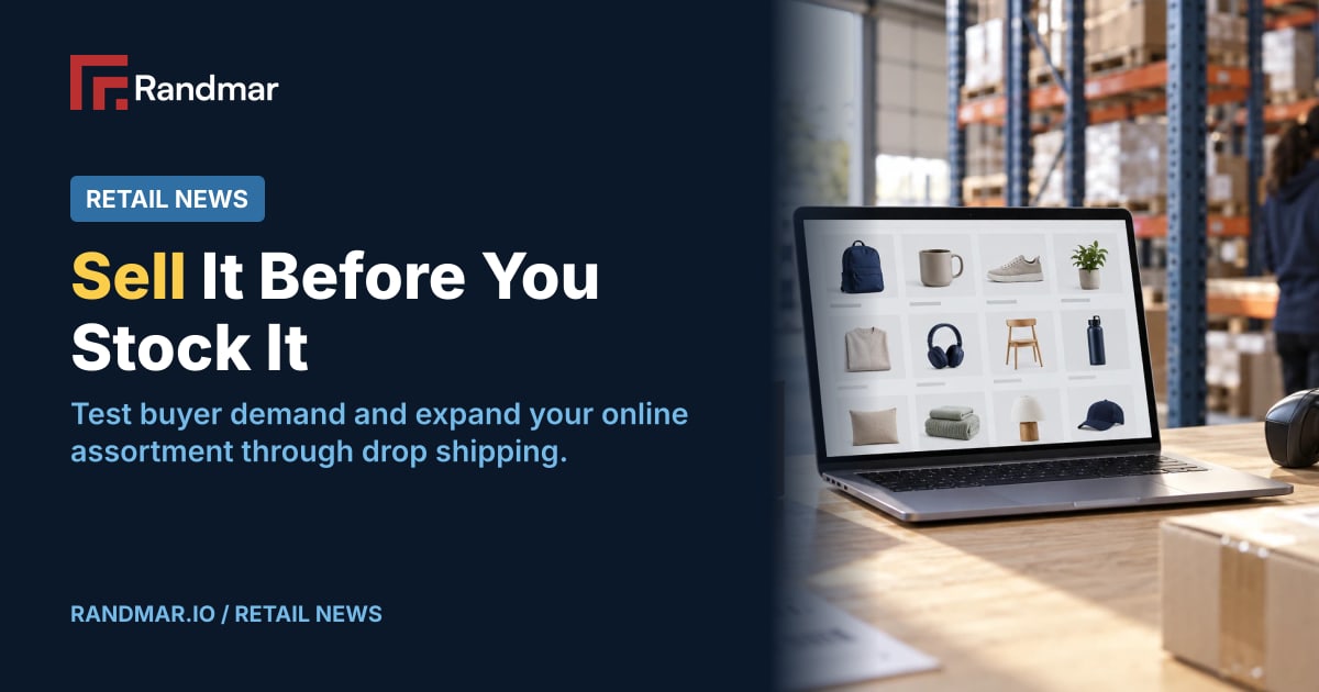 Retail News: Sell It Before You Stock It; Editorial illustration of a retailer’s online assortment on a laptop beside shipping cartons and a barcode scanner in a Canadian distribution warehouse.