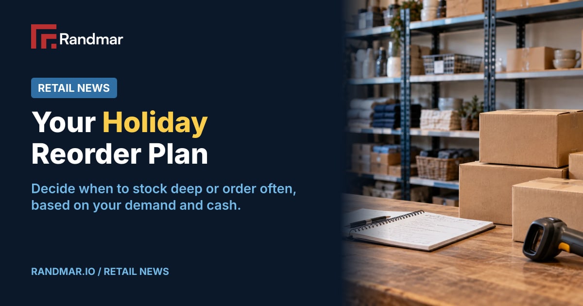 Your Holiday Reorder Plan; Illustrative editorial photograph of shipping cartons, a barcode scanner and a planning notebook on a retail stockroom counter with an evergreen sprig.