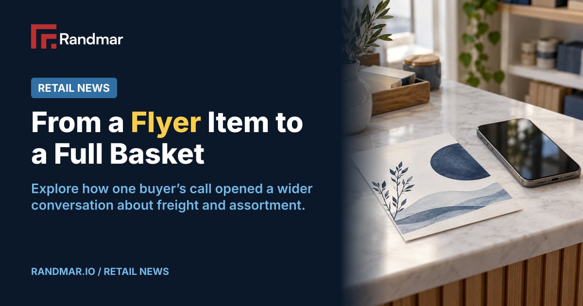 From a Flyer Item to a Full Basket; Conceptual illustration: a phone and a printed flyer on a shop counter, no people.