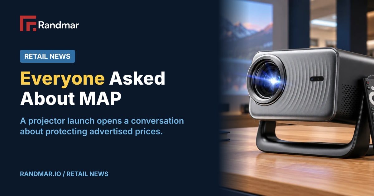 We Launched Projectors. Everyone Asked About MAP.; Illustrative editorial photograph of a smart home projector and remote on a showroom counter beside a notebook and blank shelf label.