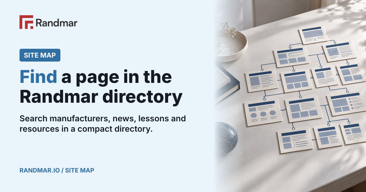 Find a page in the Randmar directory; Conceptual illustration: a map of connected page tiles in Randmar blue.
