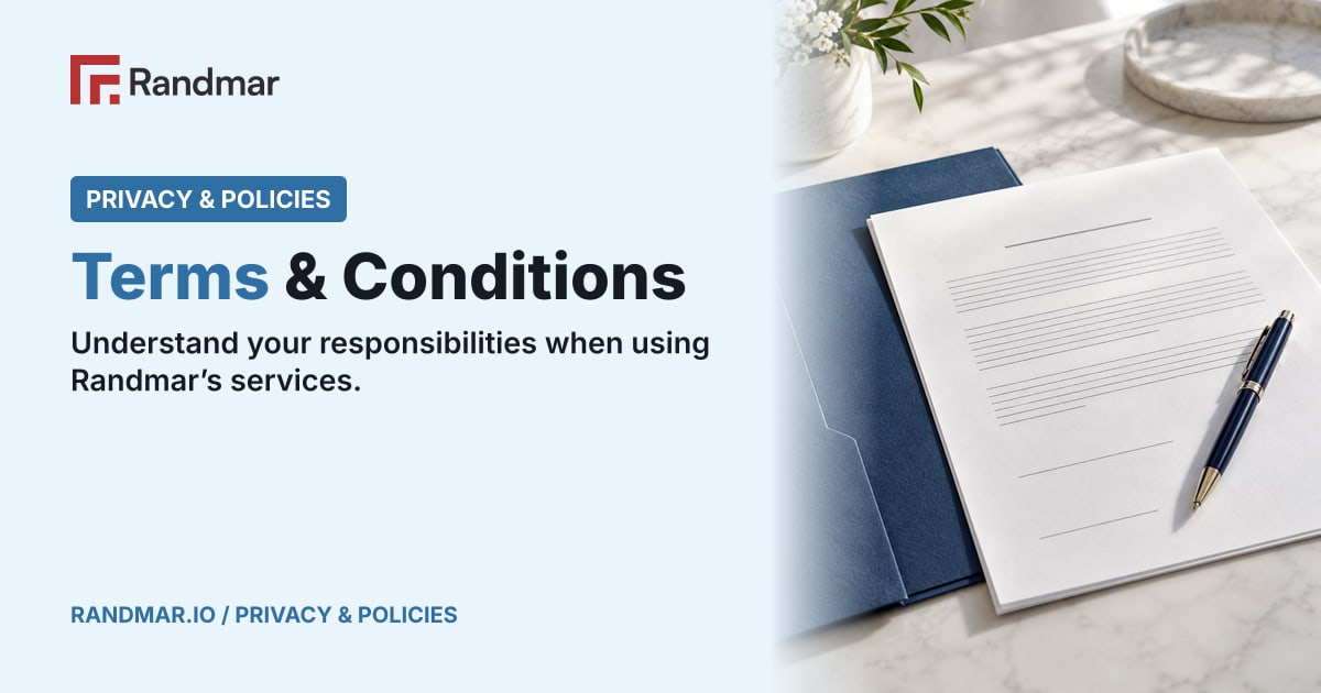 Terms & Conditions; Conceptual illustration: a paper agreement with a pen and a blue folder.