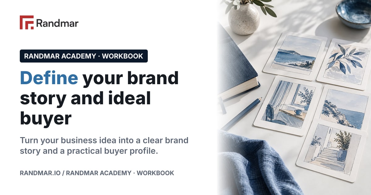 Define your brand story and ideal buyer; Conceptual illustration: storyboard cards beside a notebook.