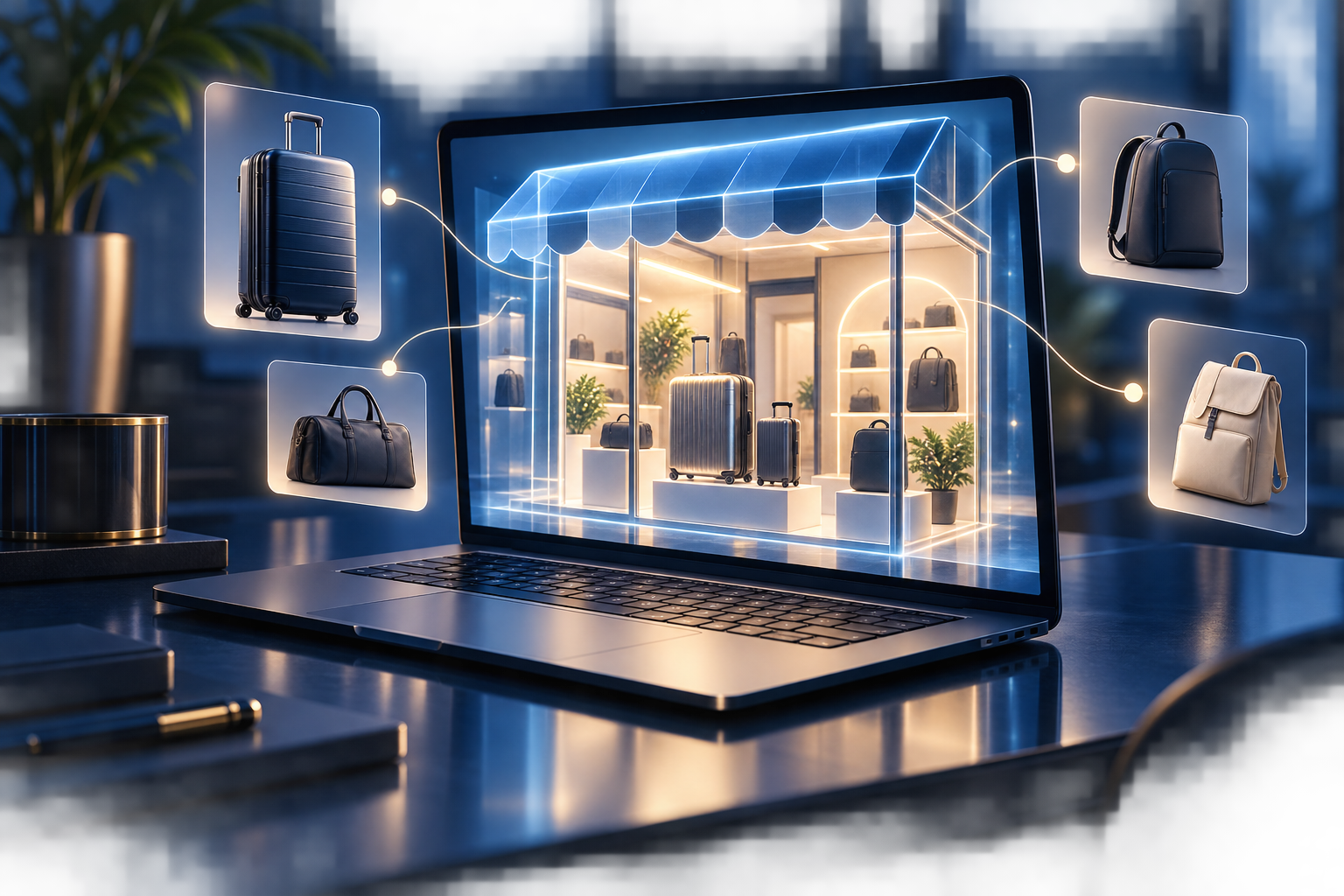 Illustration of an online luggage and bag store on a laptop
