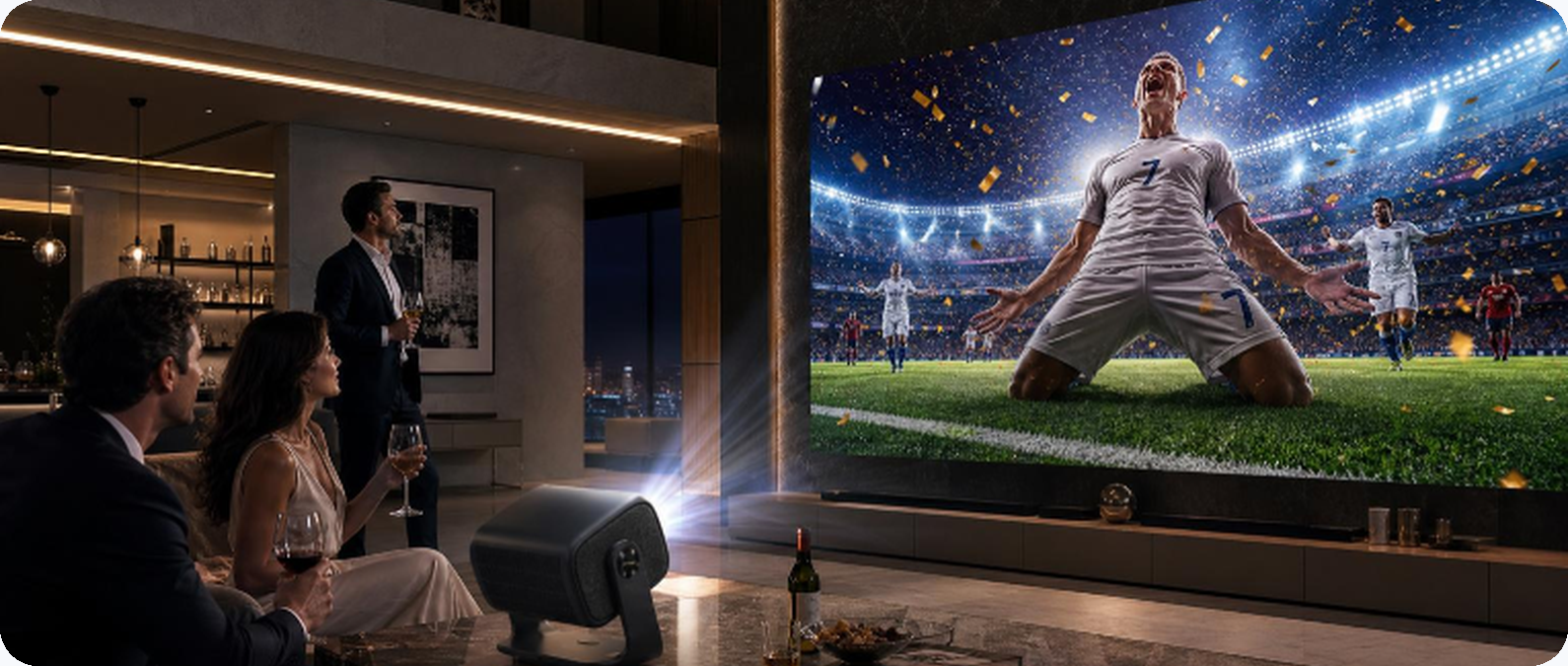 Dangbei home cinema projector in a living room showing a football match on a large screen.