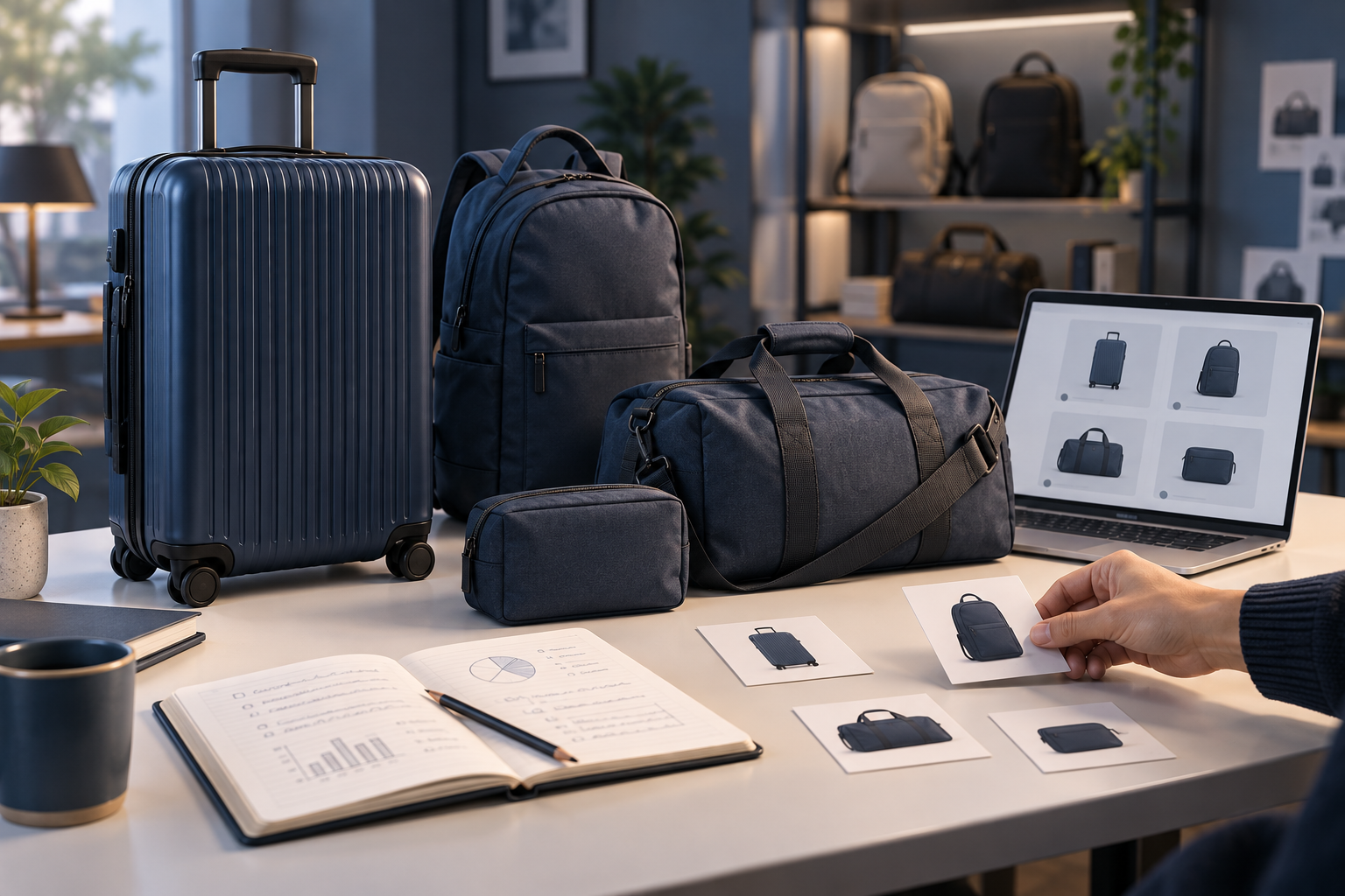 Illustration of selecting luggage, backpacks and travel bags with product cards and a planning notebook