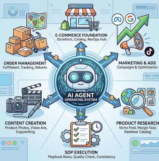An AI agent connects the e-commerce foundation, marketing and ads, product research, SOP execution, content creation, and order management.