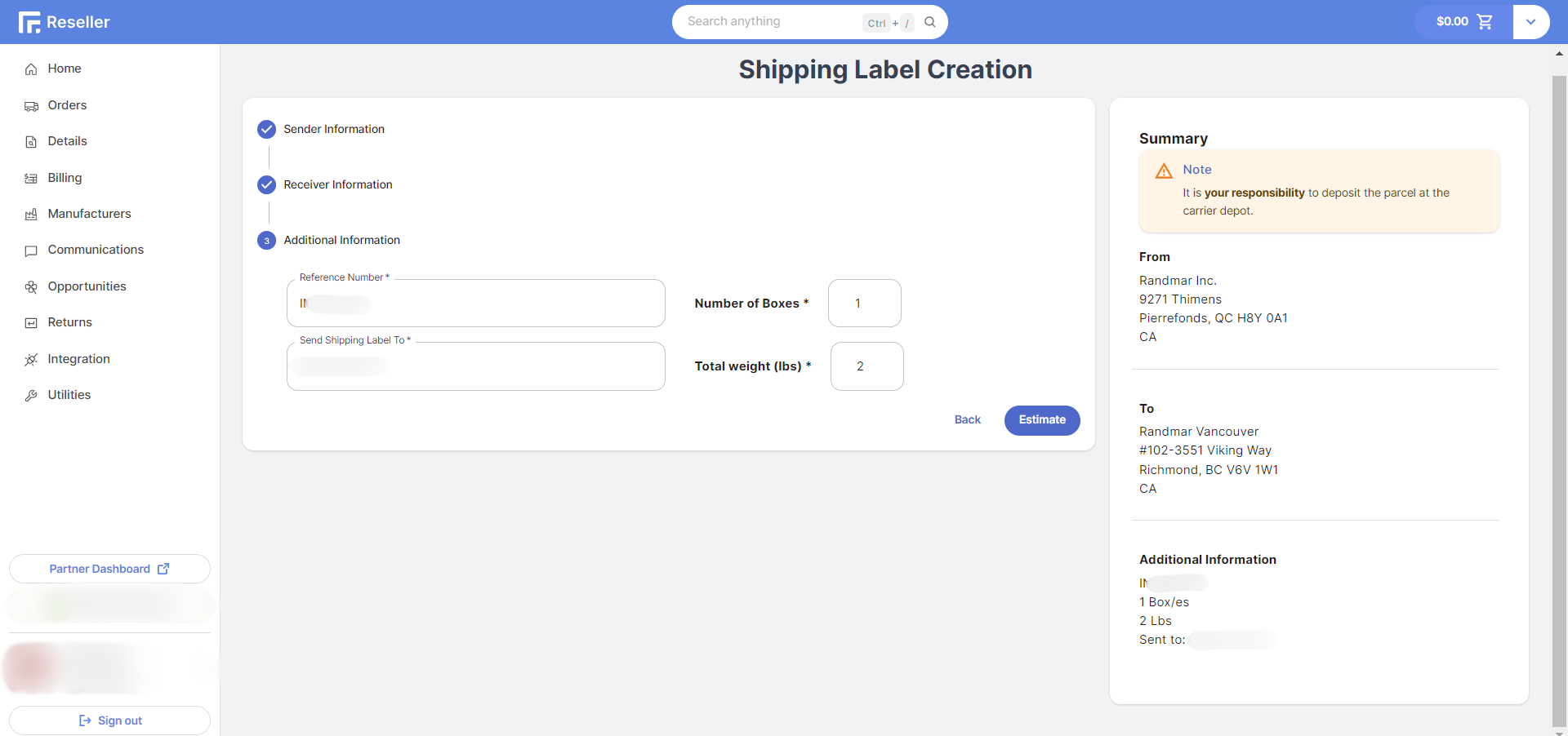 Reseller Portal Create Shipping Label from RMA or Invoice