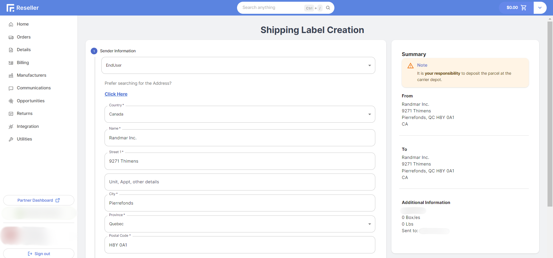 Reseller Portal Create Shipping Label from RMA or Invoice