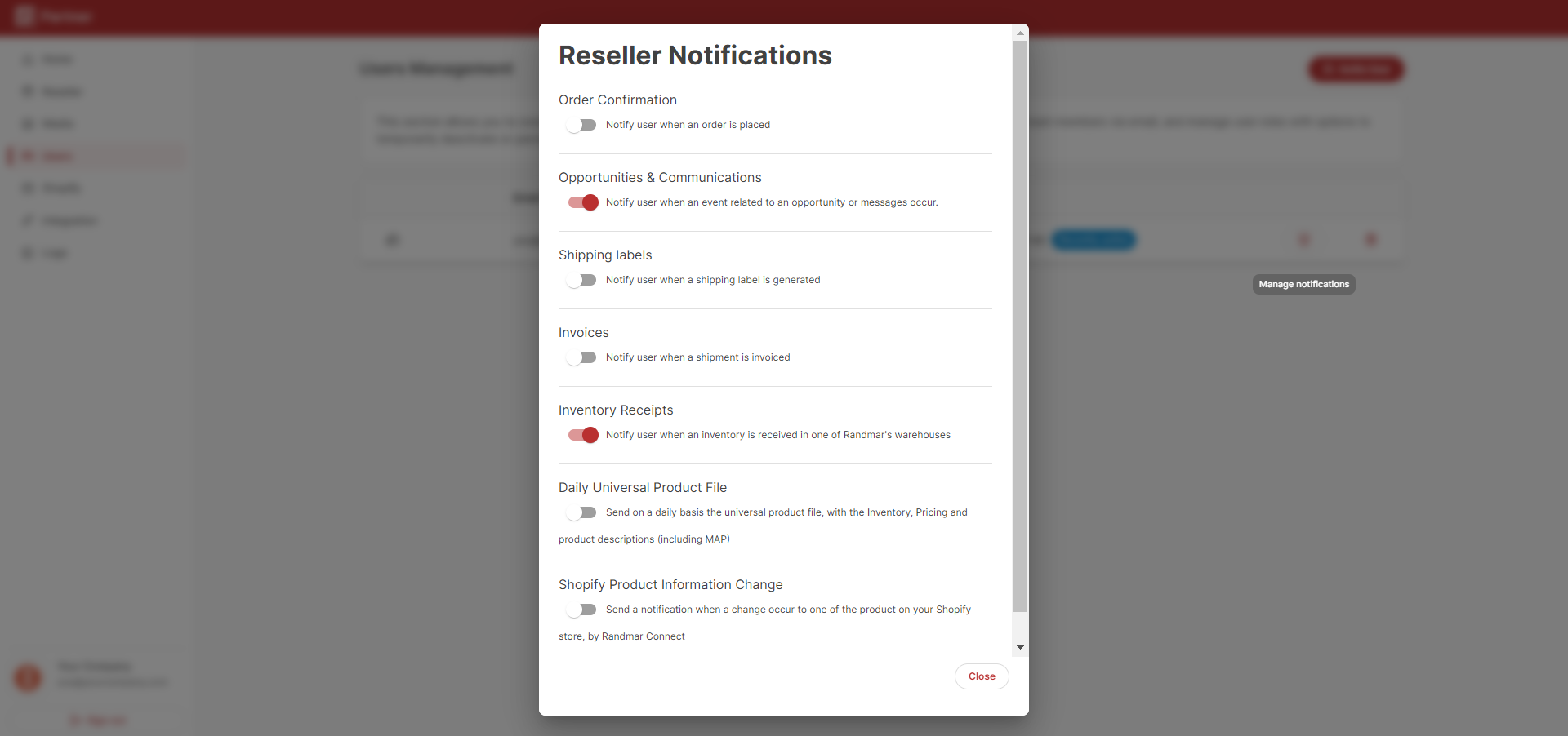 Partner Dashboard User Notifications