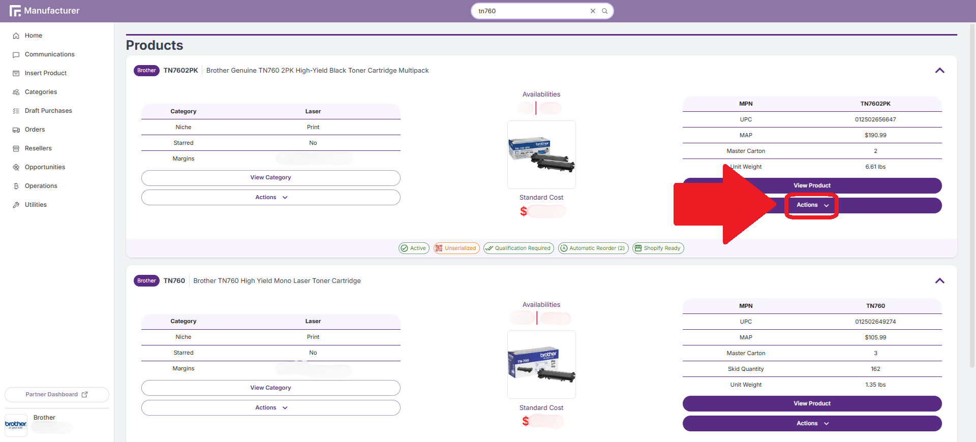 Manufacturer Portal Product Actions