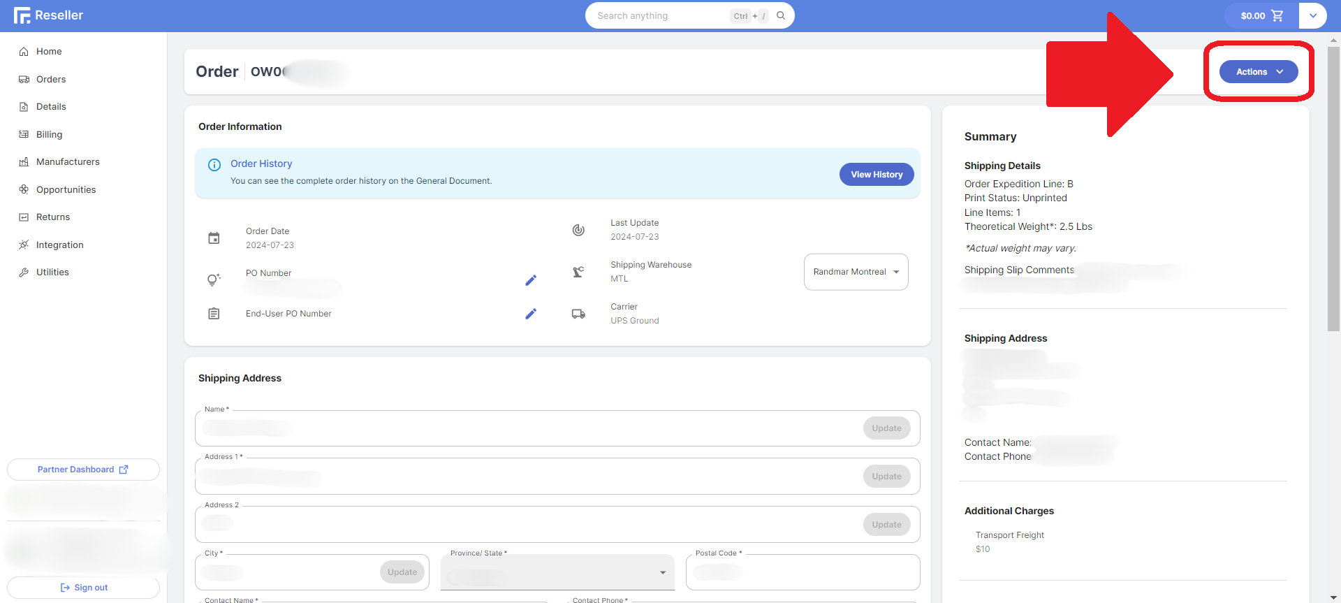 Reseller Portal Order Actions Button