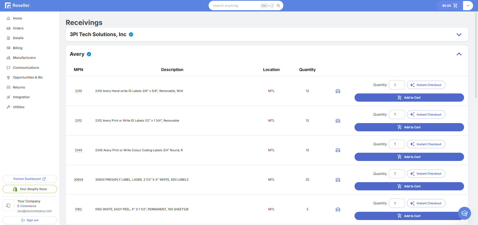 Reseller Portal Receiving Example